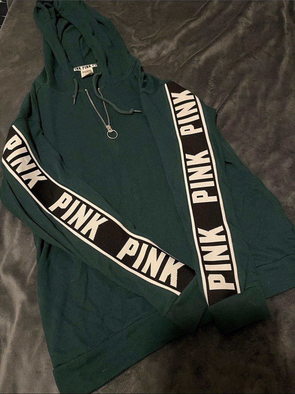 **NWOT*Victoria's Secret PINK Dark Green Zip Hoodie with Black Logo Tape